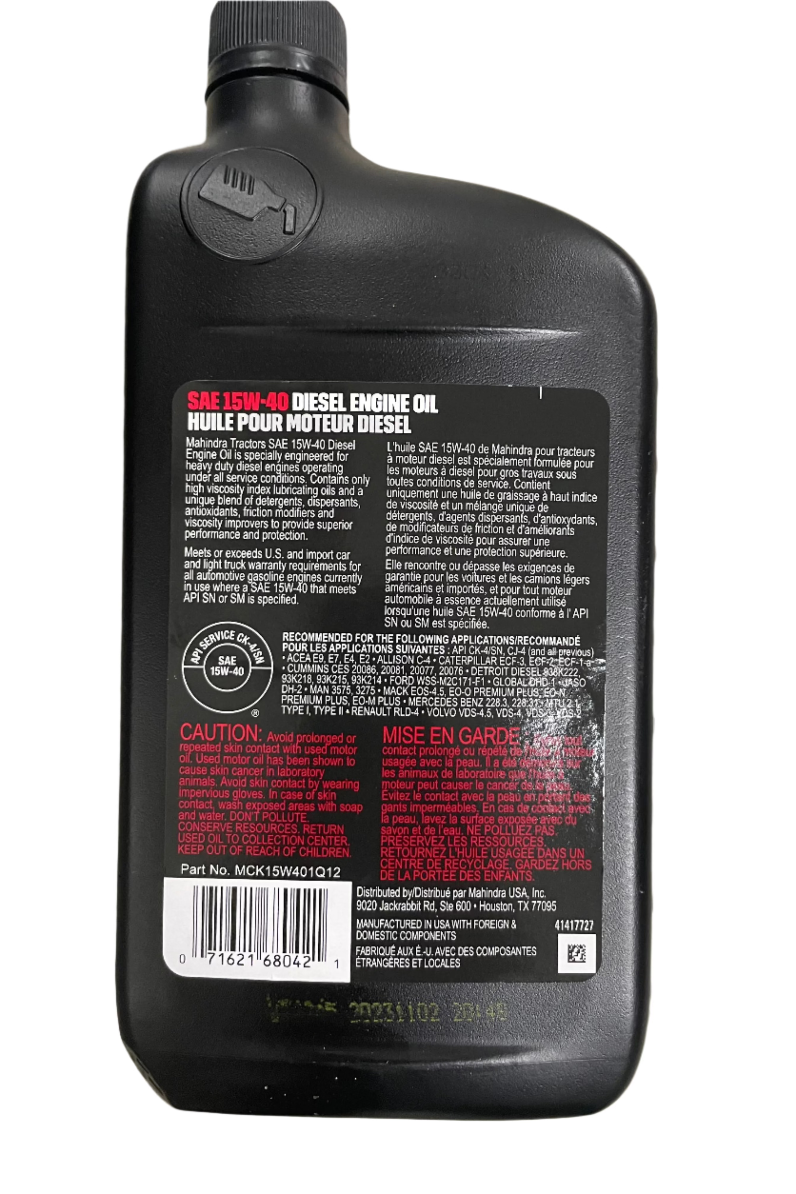 15W-40 Full Synthetic Heavy Duty Mahindra Engine Oil CK-4 Mahindra