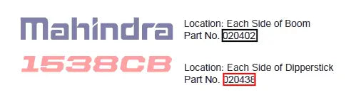 Mahindra Tractor Backhoe Decal - Model 1538CB AME020438 Mahindra Direct Parts