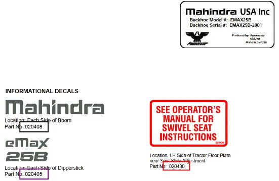 Mahindra Tractor Decal - Lh Side Of Tractor Floor Plat Near Seat Slide Adjustment AME020430 Mahindra Direct Parts